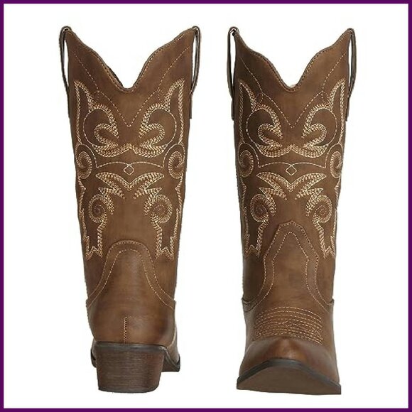 Women's Western Cowgirl Boots Mid Wide Calf Pointed Toe Riding Country - Picture 3 of 8